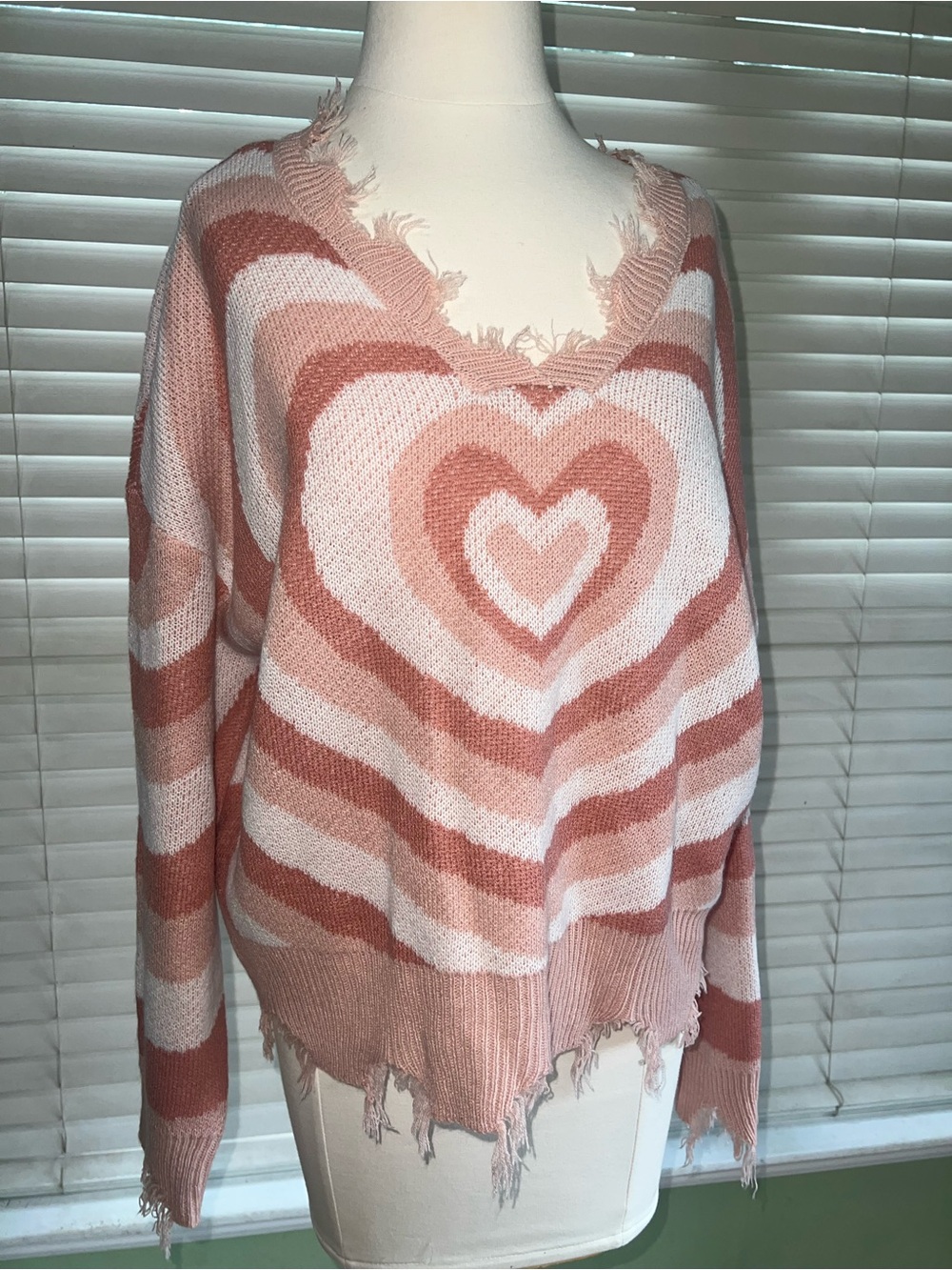Women’s No Comment XL Distressed Heart Stripe Sweater